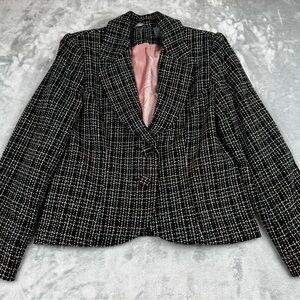 Hillard & Hanson Black Pink Tweed Lined Blazer Womens 12 Academia Preppy Barbie